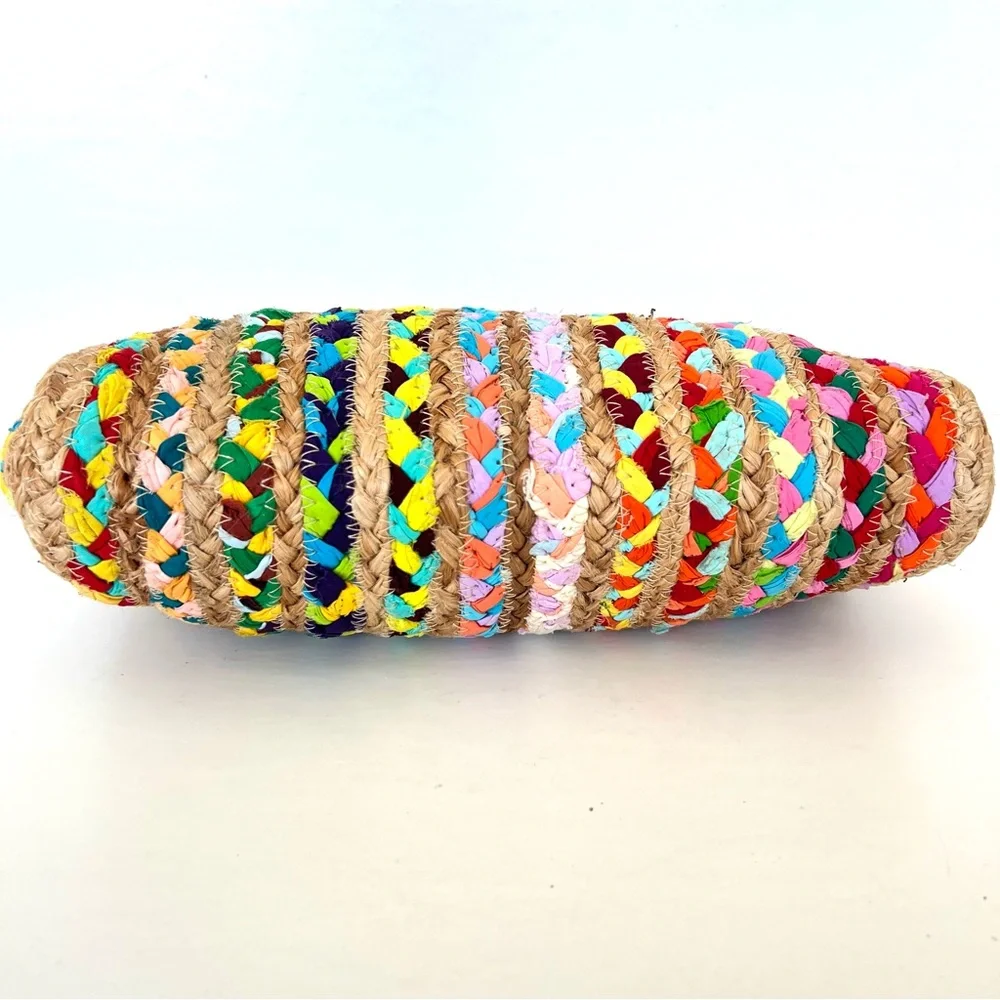 ANTIK KRAFT Beige Woven Jute Raffia Multicolor Braided Strip Fabrics Clutch NWT